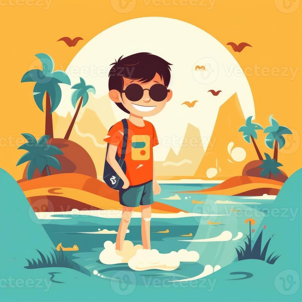 Boy enjoying summer holiday, cartoon illustration with photo