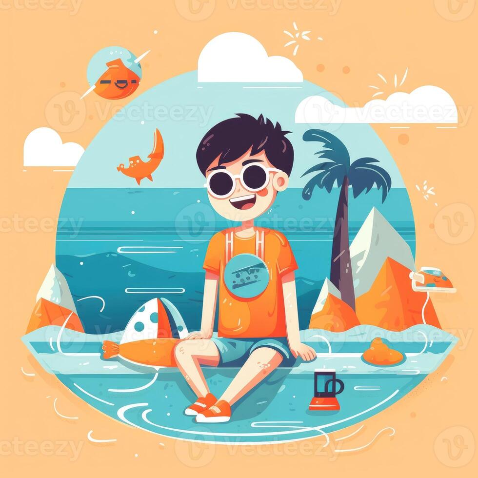 Boy enjoying summer holiday, cartoon illustration with photo