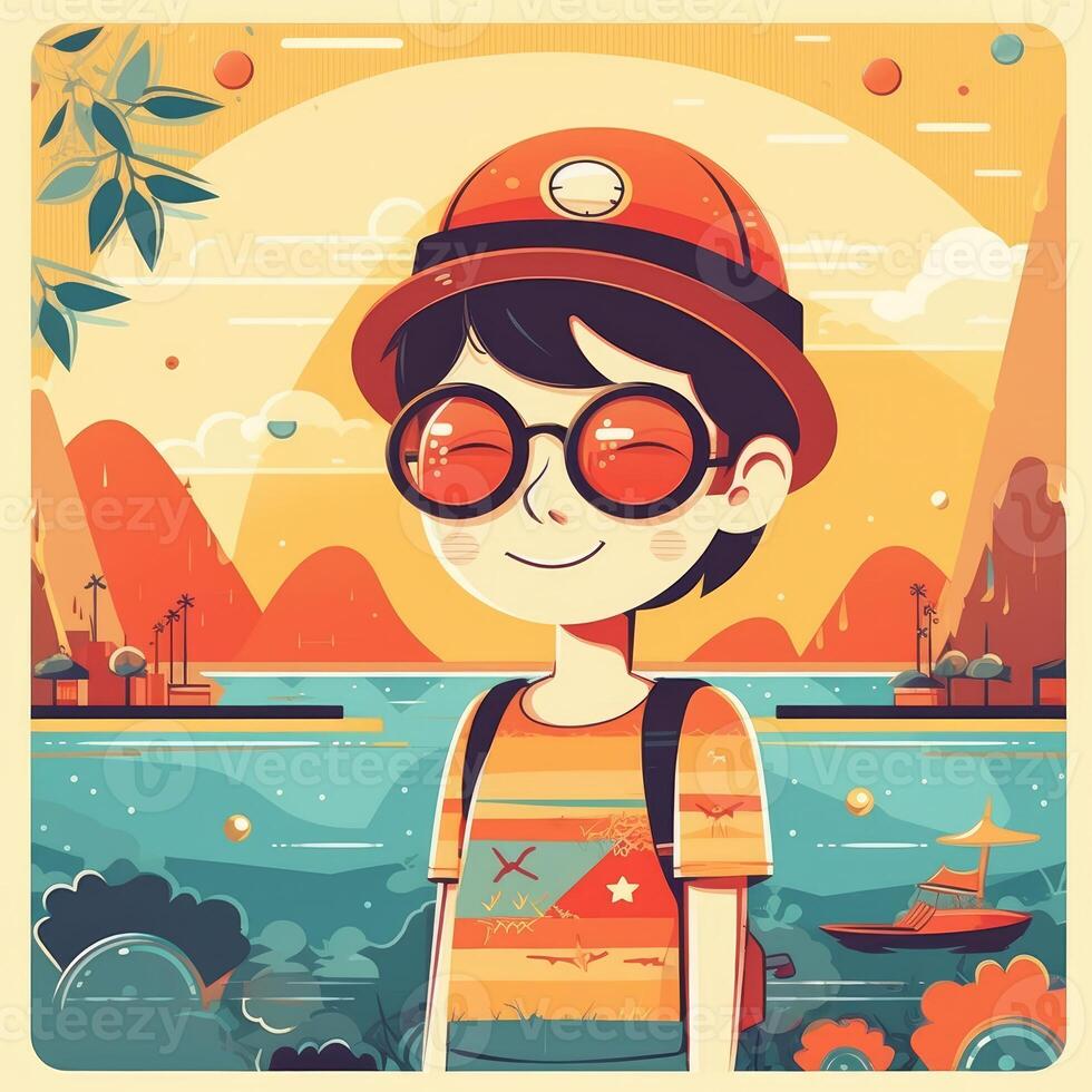 Boy enjoying summer holiday, cartoon illustration with photo