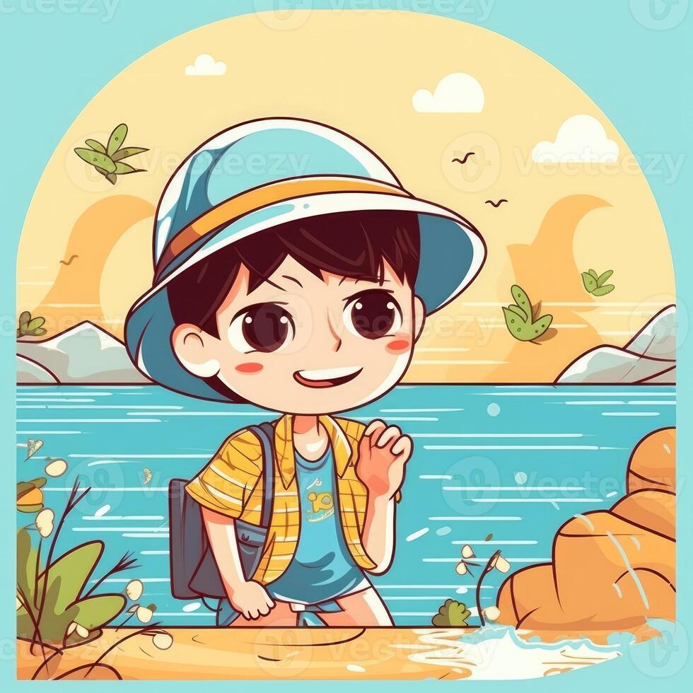 Boy enjoying summer holiday, cartoon illustration with photo