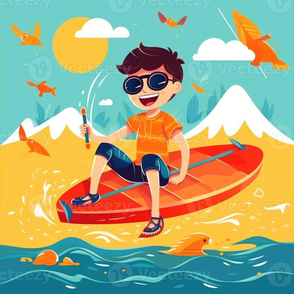 Boy enjoying summer holiday, cartoon illustration with photo