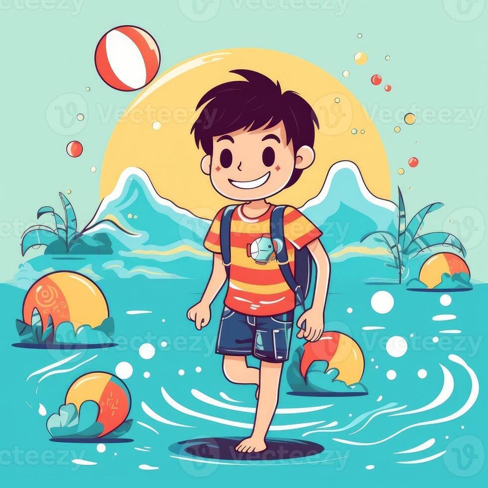 Boy enjoying summer holiday, cartoon illustration with photo