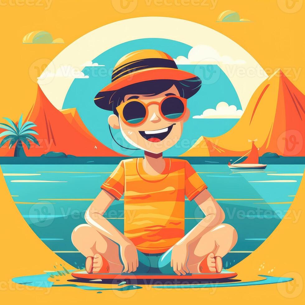 Boy enjoying summer holiday, cartoon illustration with photo