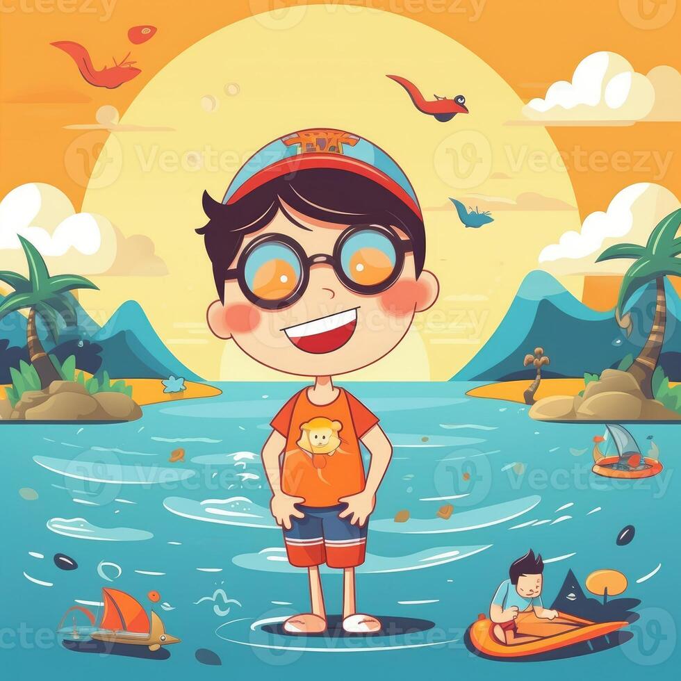 Boy enjoying summer holiday, cartoon illustration with photo