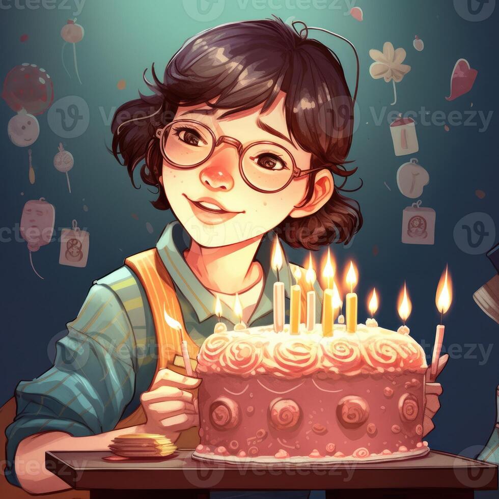 A girl is holding a cake while celebrating a birthday, cartoon illustration with photo