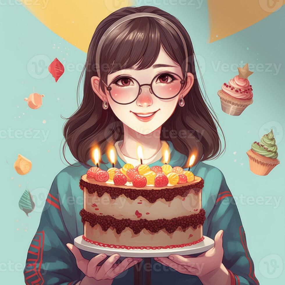 A girl is holding a cake while celebrating a birthday, cartoon illustration with photo