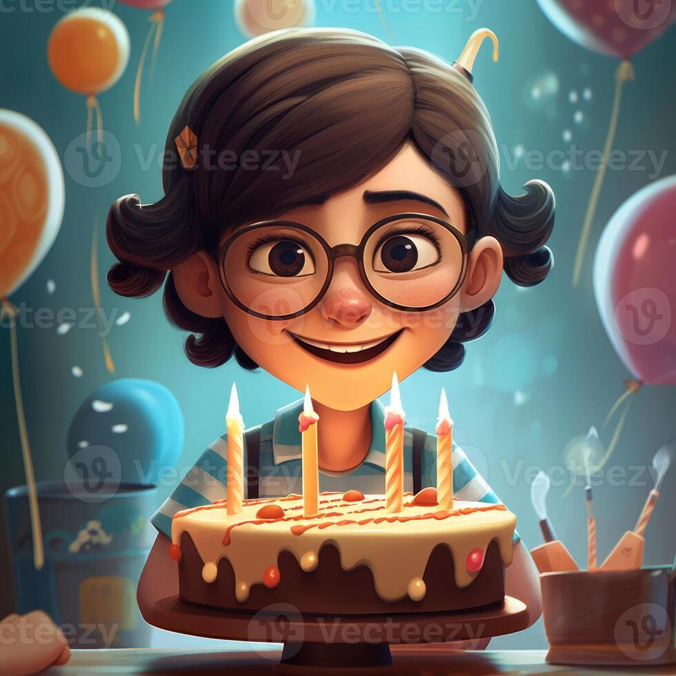 A girl is holding a cake while celebrating a birthday, cartoon illustration with photo