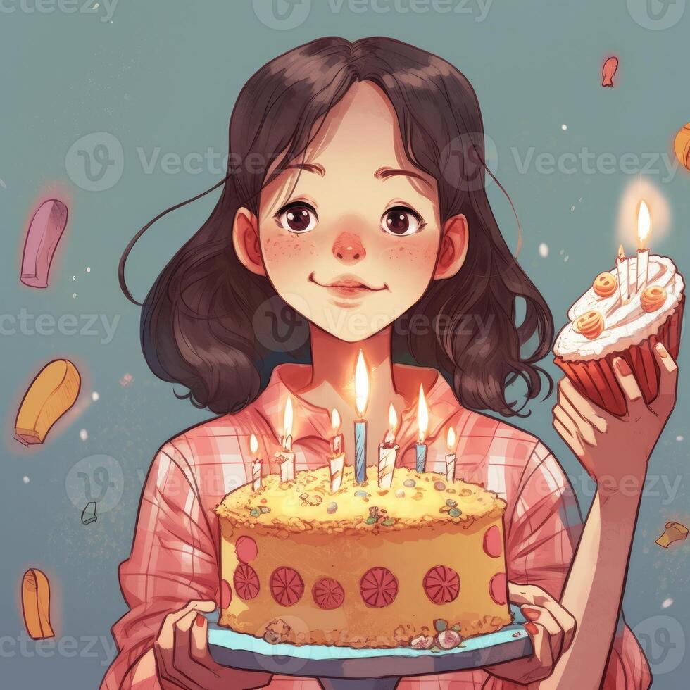 un niña es participación un pastel mientras celebrando un cumpleaños, dibujos animados ilustración con generativo ai foto