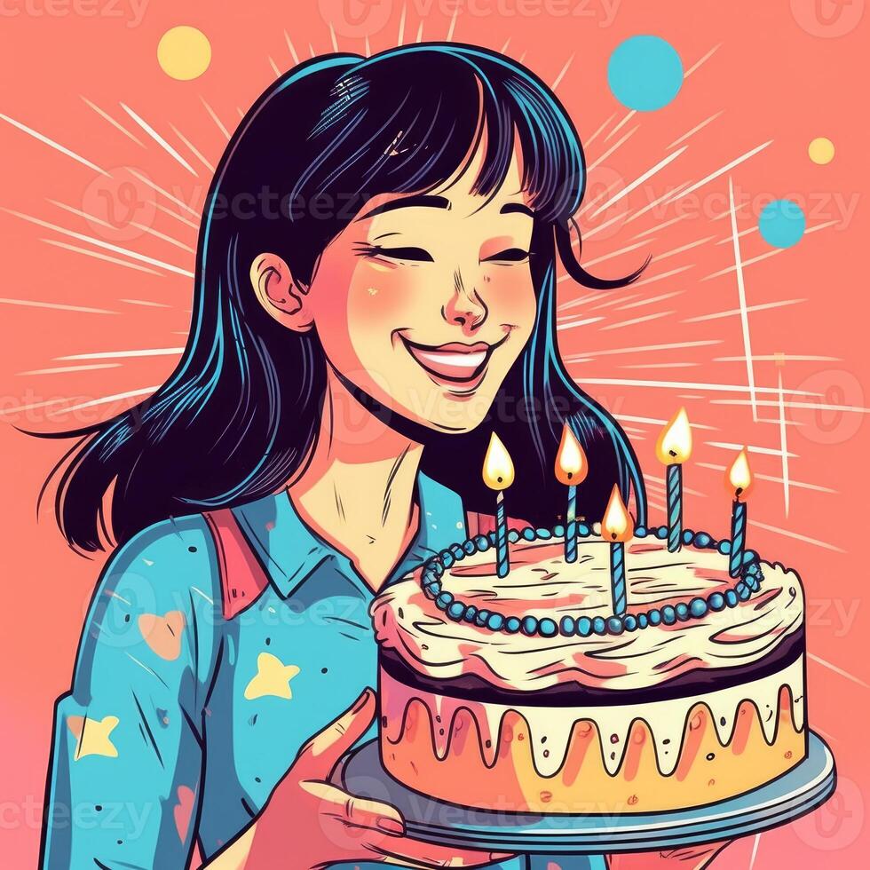 un niña es participación un pastel mientras celebrando un cumpleaños, dibujos animados ilustración con generativo ai foto