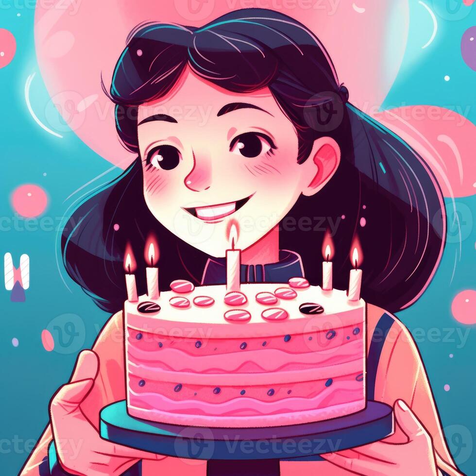 A girl is holding a cake while celebrating a birthday, cartoon illustration with photo