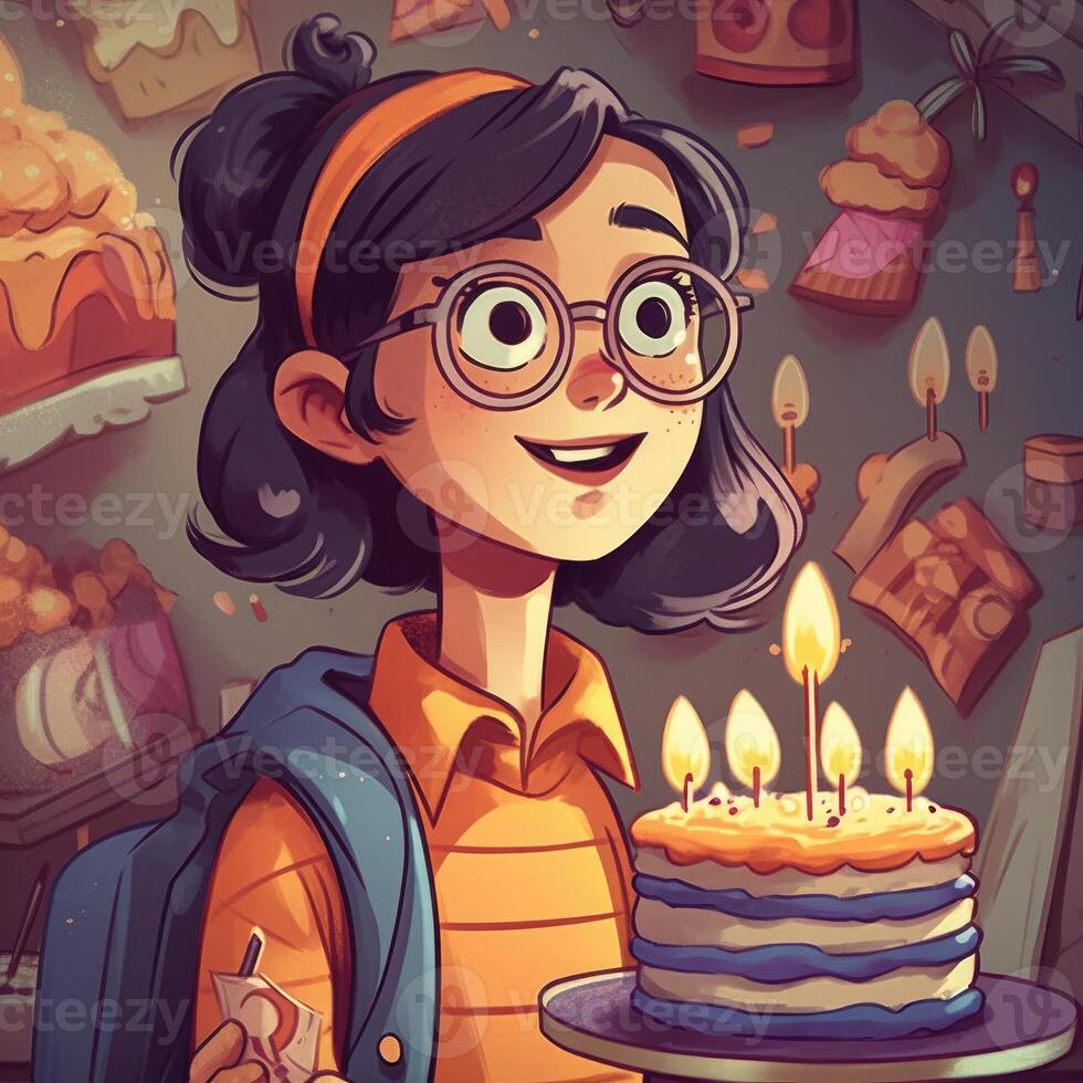 A girl is holding a cake while celebrating a birthday, cartoon illustration with photo