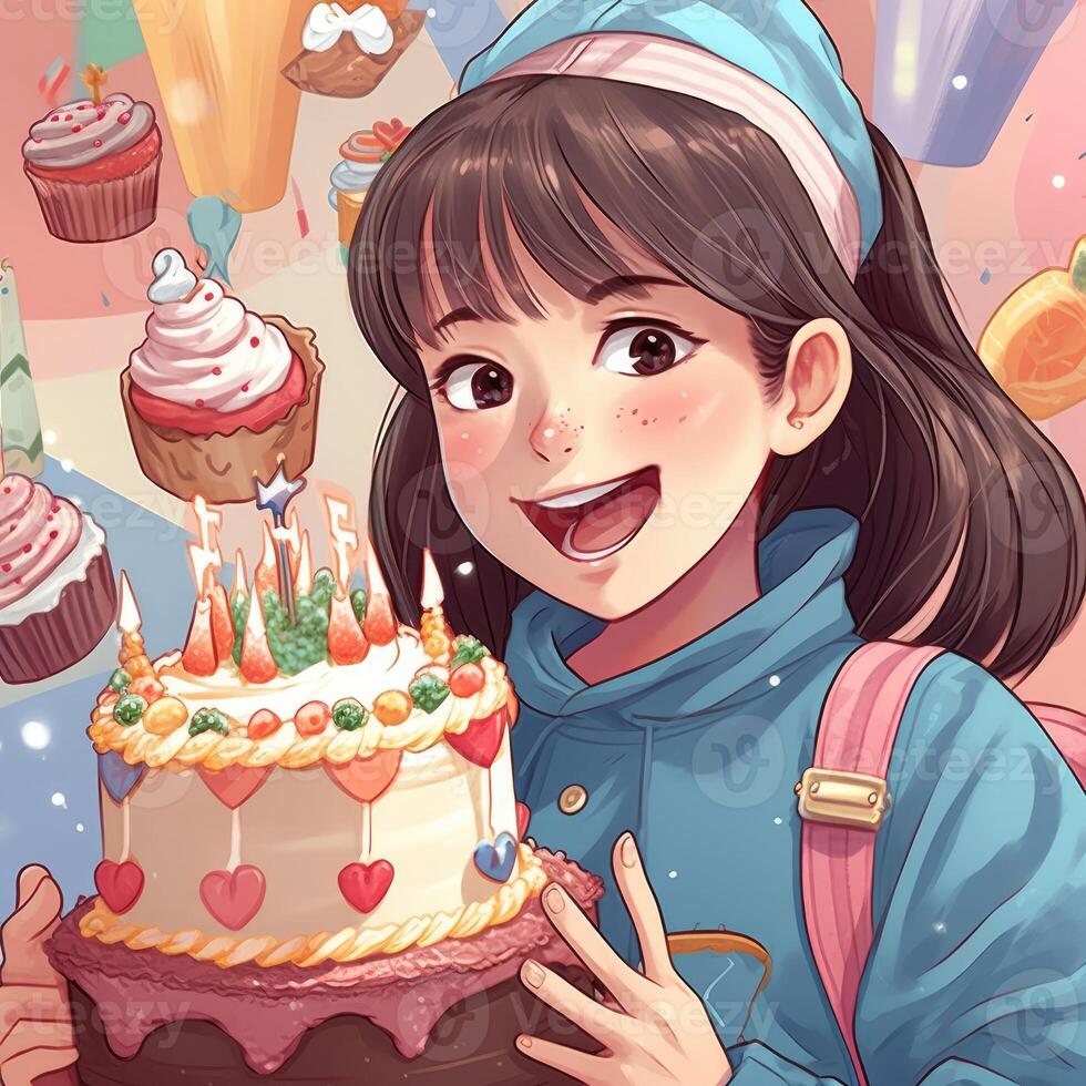 A girl is holding a cake while celebrating a birthday, cartoon illustration with photo