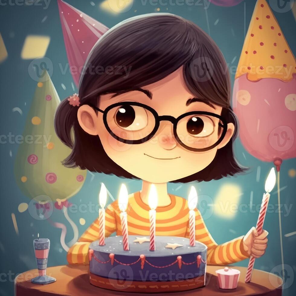 A girl is holding a cake while celebrating a birthday, cartoon illustration with photo