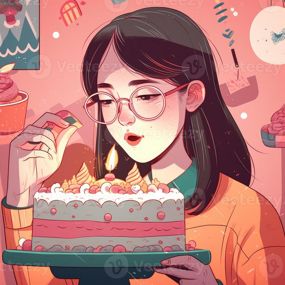 A girl is holding a cake while celebrating a birthday, cartoon illustration with photo