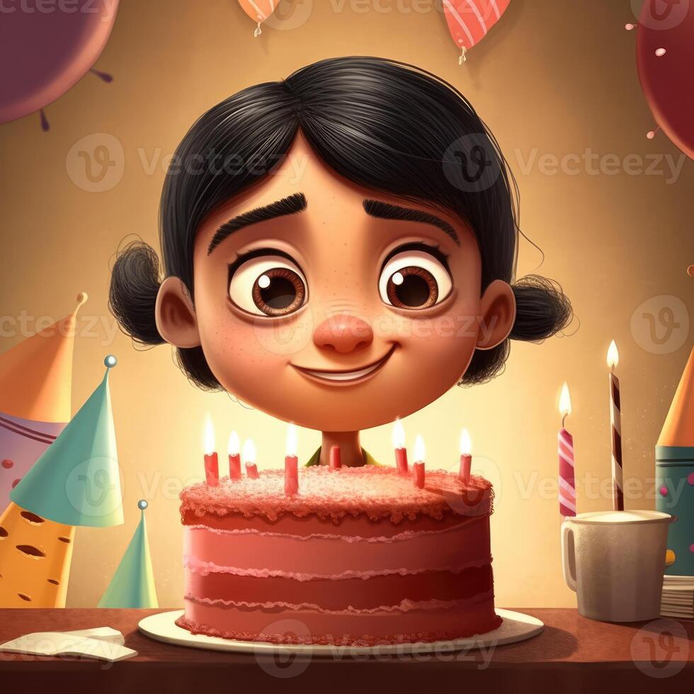 A girl is holding a cake while celebrating a birthday, cartoon illustration with photo