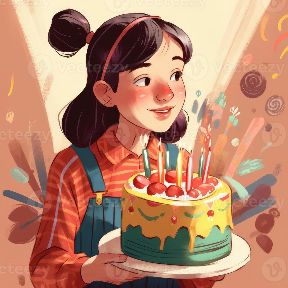 un niña es participación un pastel mientras celebrando un cumpleaños, dibujos animados ilustración con generativo ai foto