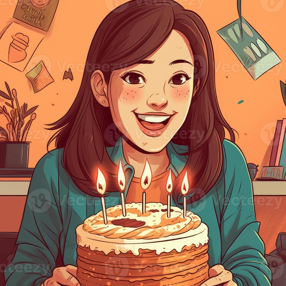 A girl is holding a cake while celebrating a birthday, cartoon illustration with photo