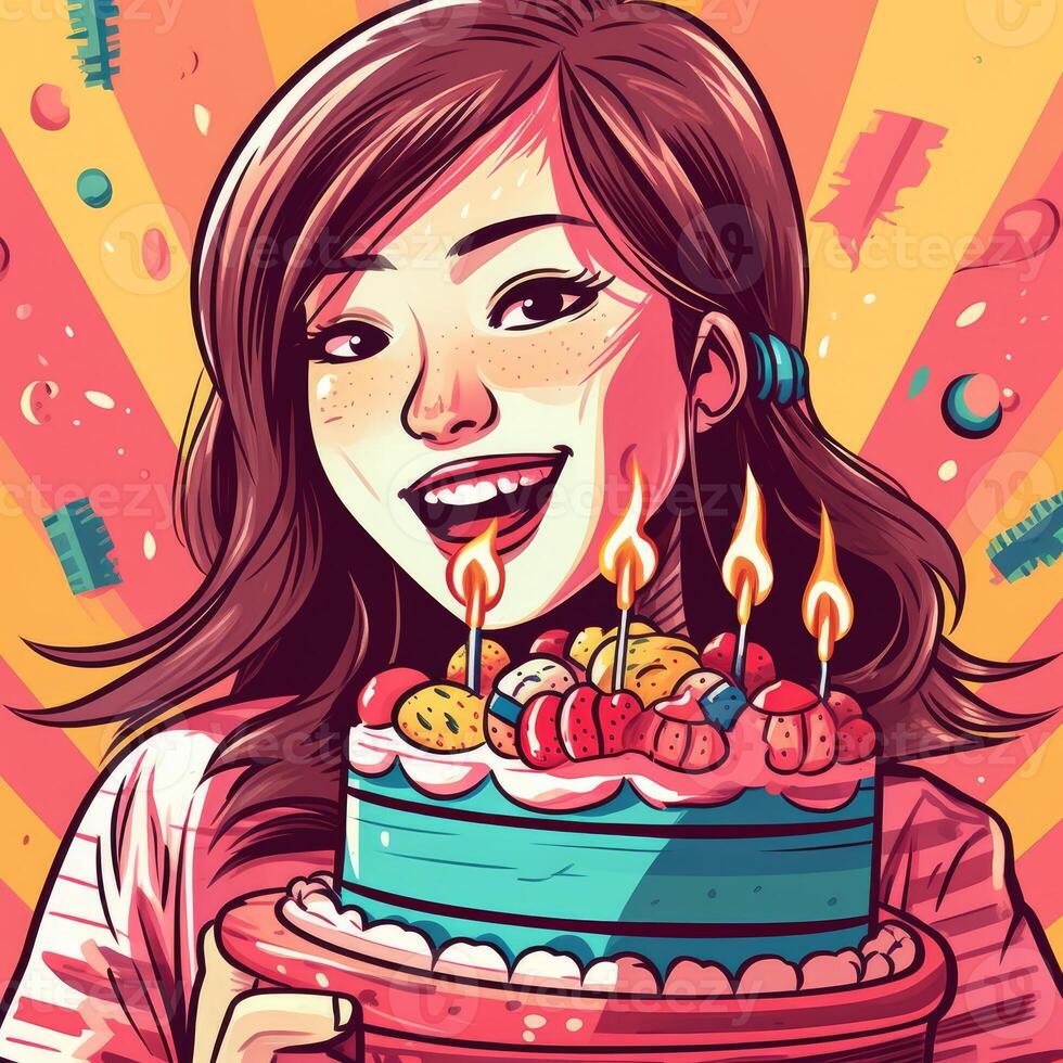 A girl is holding a cake while celebrating a birthday, cartoon illustration with photo