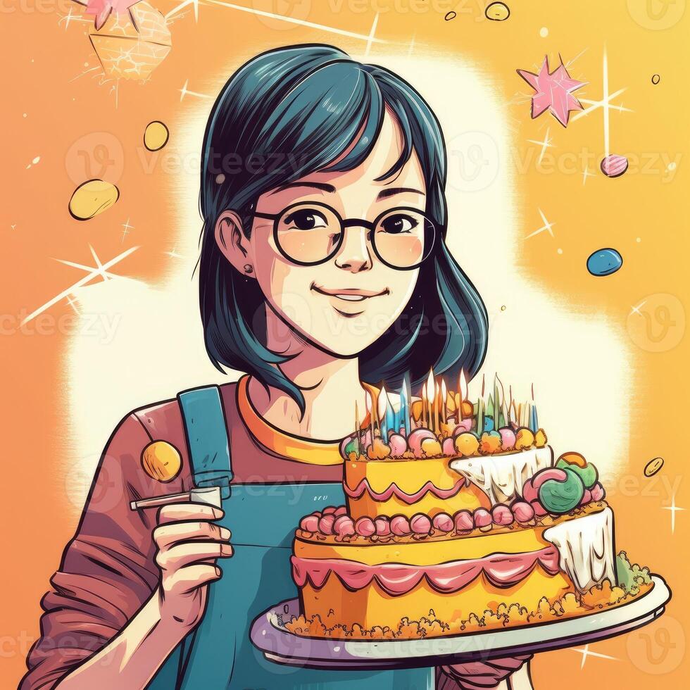 A girl is holding a cake while celebrating a birthday, cartoon illustration with photo