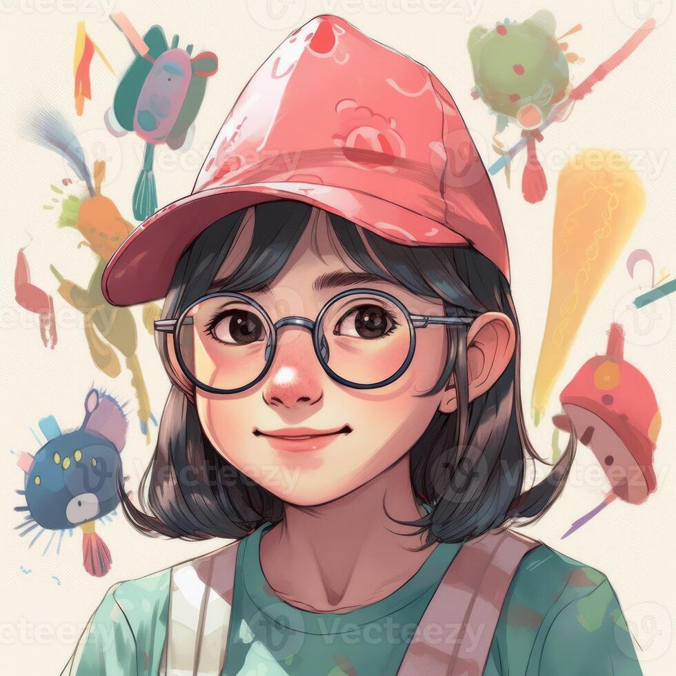 A child with glasses and a hat is celebrating her birthday, cartoon illustration with photo