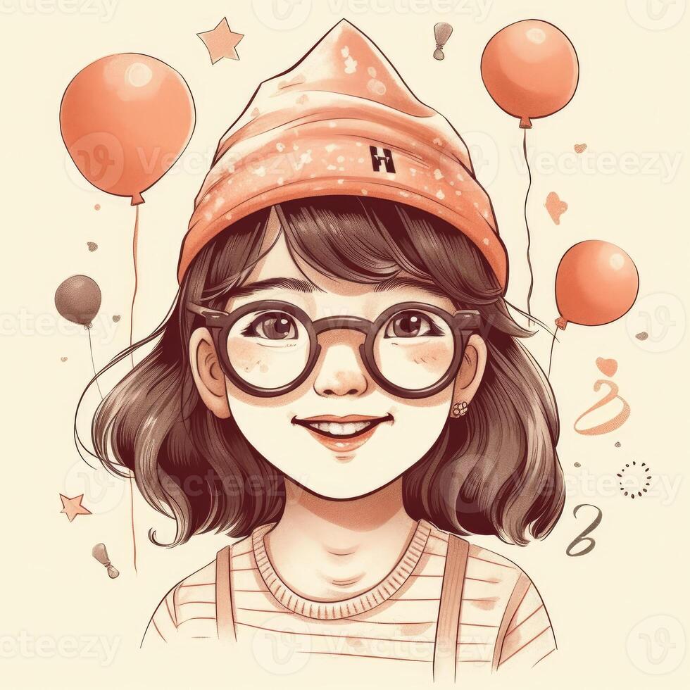 A child with glasses and a hat is celebrating her birthday, cartoon illustration with photo