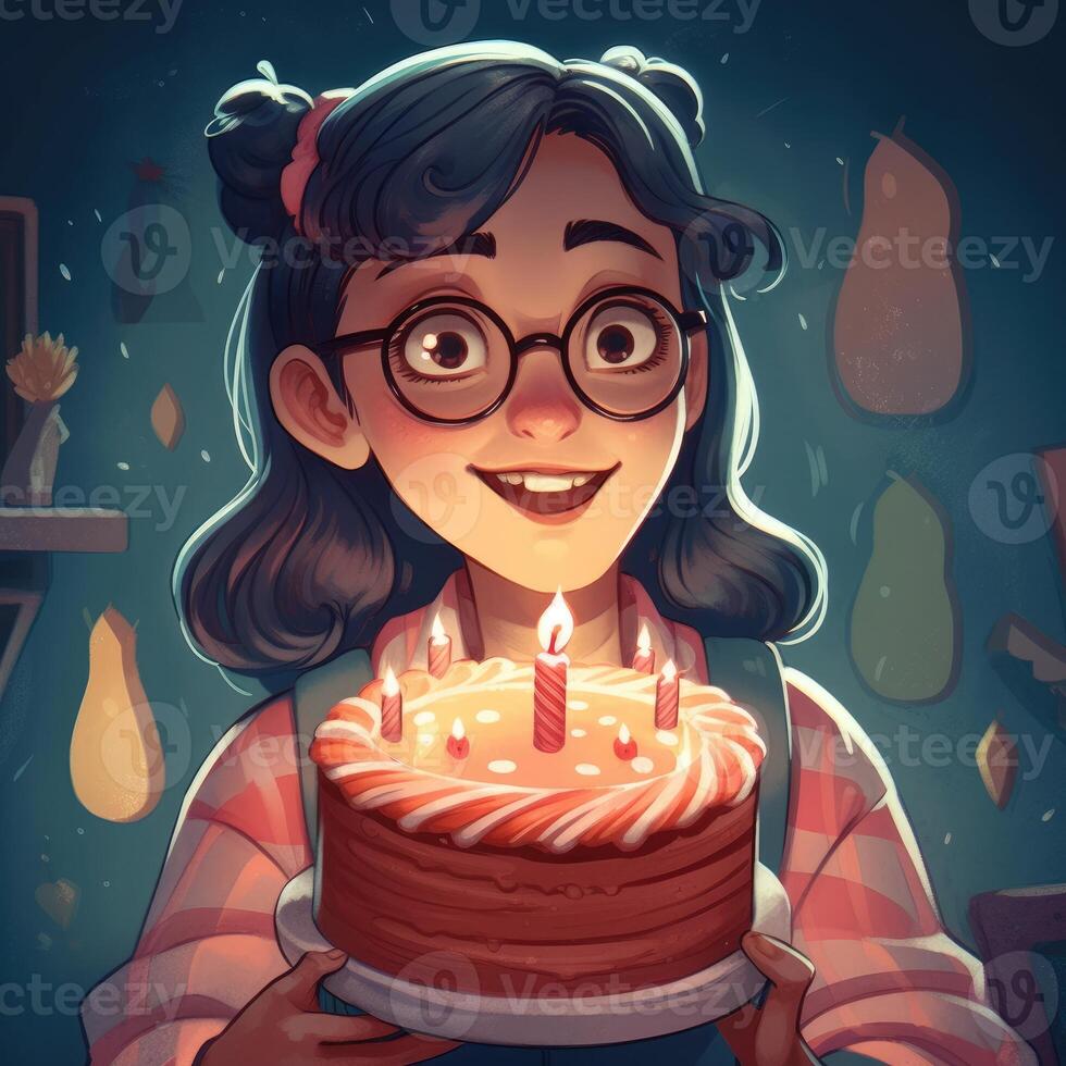 A girl is holding a cake while celebrating a birthday, cartoon illustration with photo