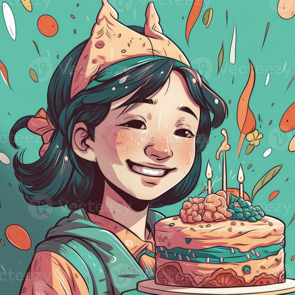 A girl is holding a cake while celebrating a birthday, cartoon illustration with photo