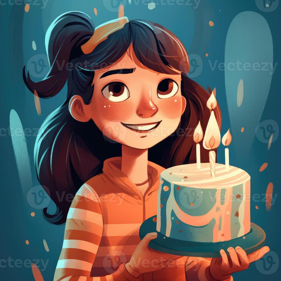 A girl is holding a cake while celebrating a birthday, cartoon illustration with photo