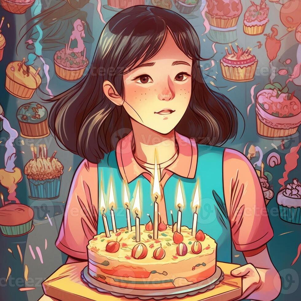 A girl is holding a cake while celebrating a birthday, cartoon illustration with photo