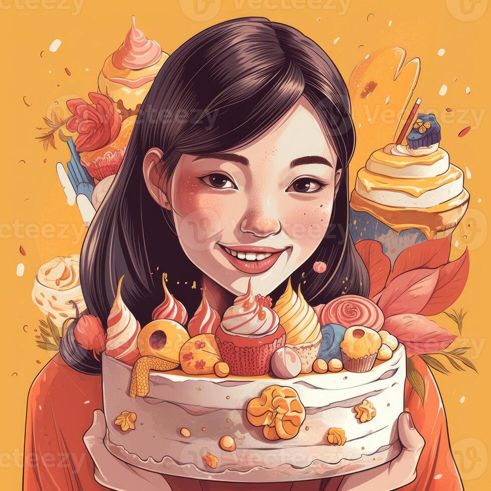 A girl is holding a cake while celebrating a birthday, cartoon illustration with photo