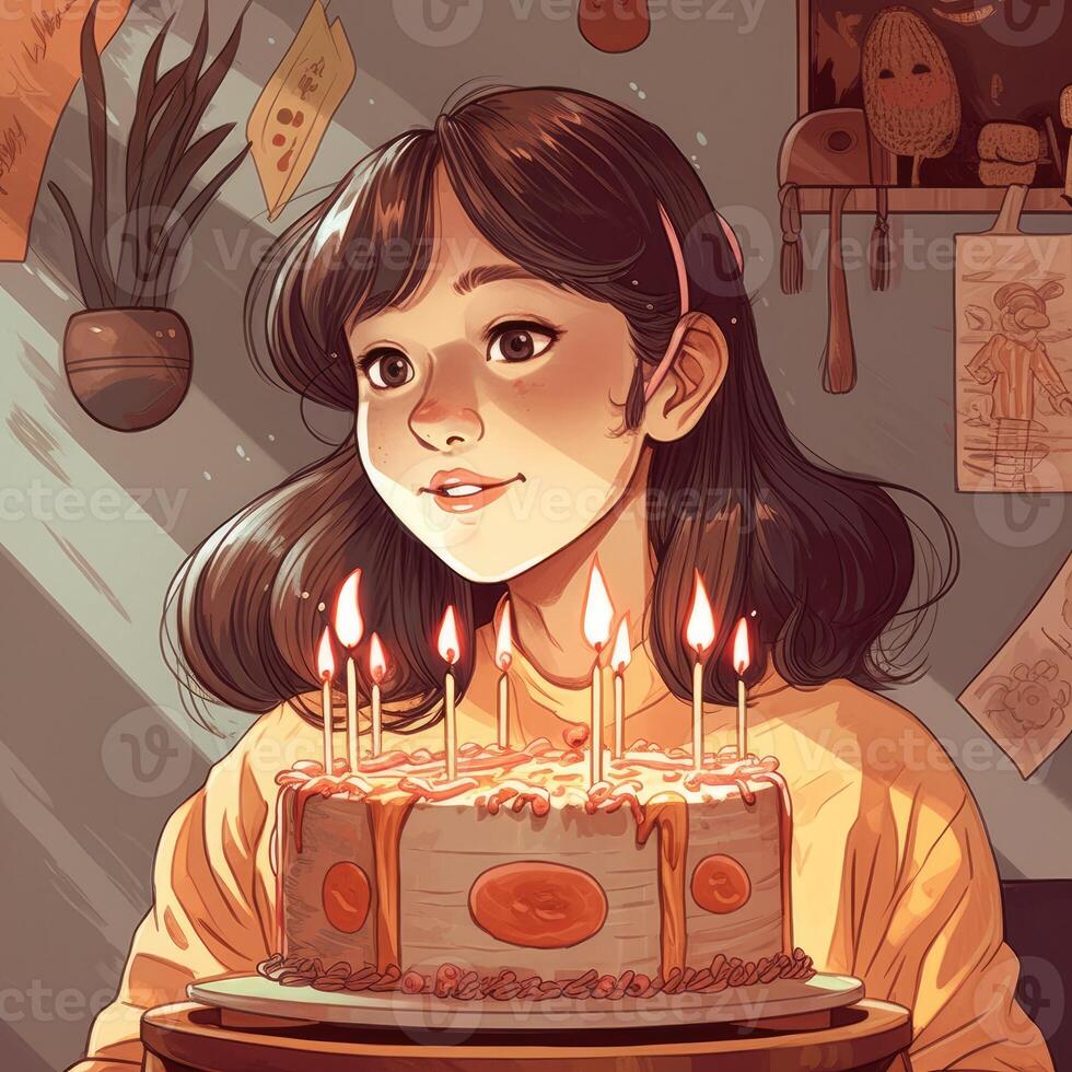 A girl is holding a cake while celebrating a birthday, cartoon illustration with photo