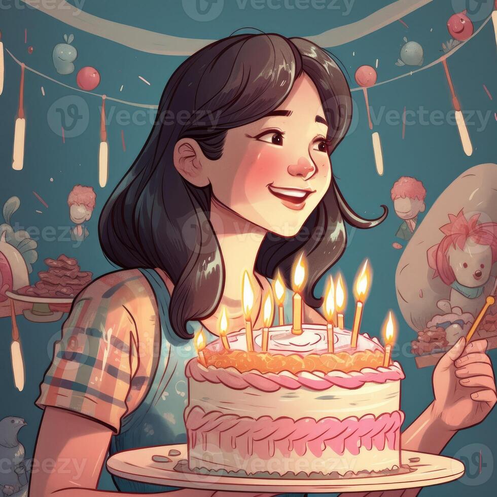 A girl is holding a cake while celebrating a birthday, cartoon illustration with photo