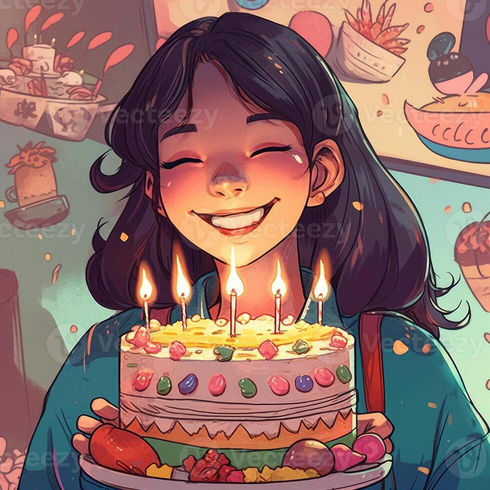 A girl is holding a cake while celebrating a birthday, cartoon illustration with photo