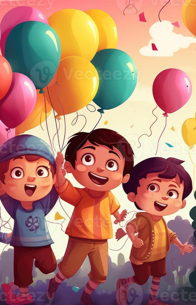 Two children holding balloons walking, cartoon illustration with photo