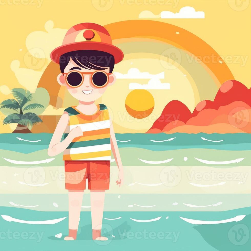 Boy enjoying summer holiday, cartoon illustration with photo
