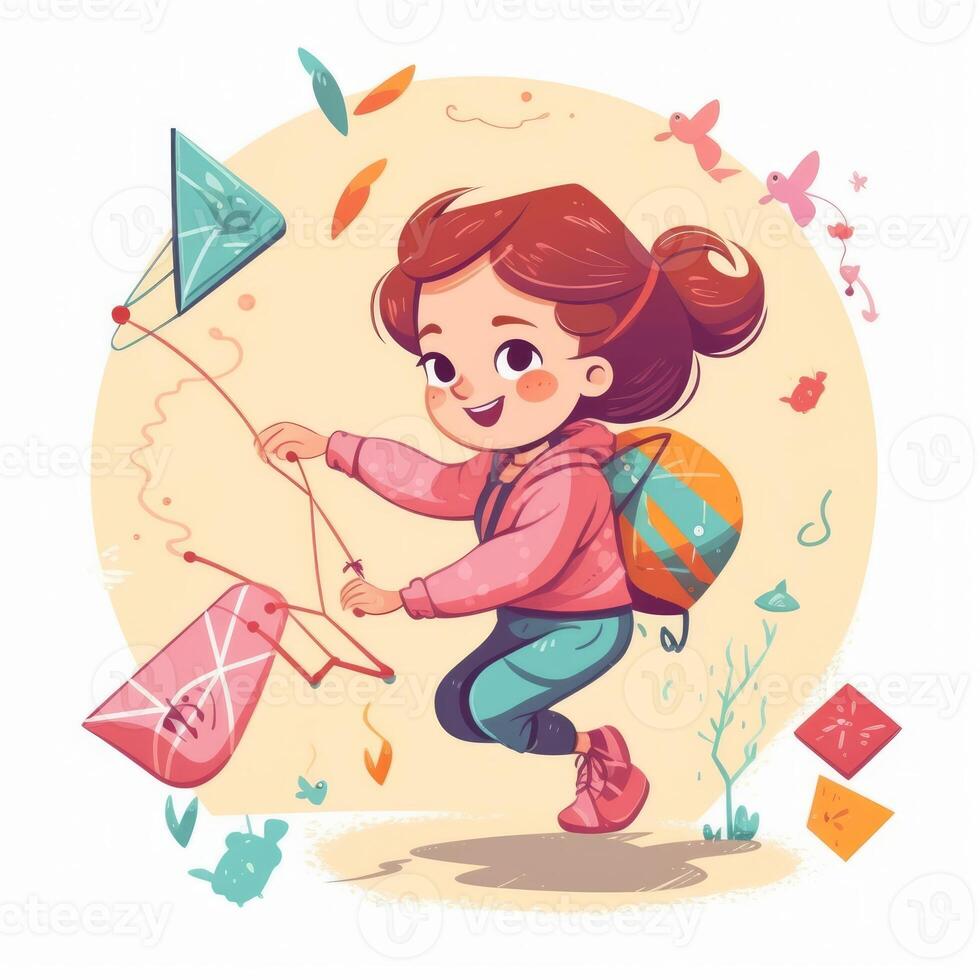 Little girl running flying kite, cartoon illustration with photo