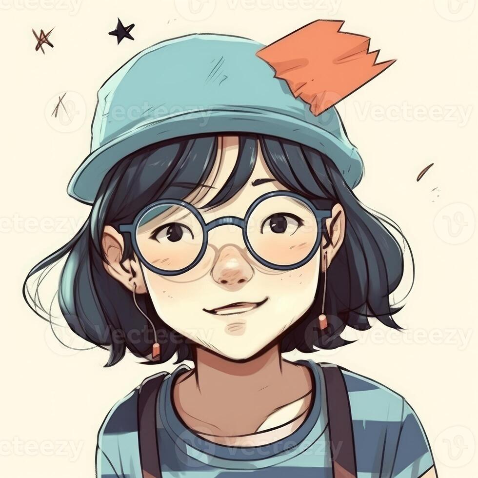 A child with glasses and a hat is celebrating her birthday, cartoon illustration with photo