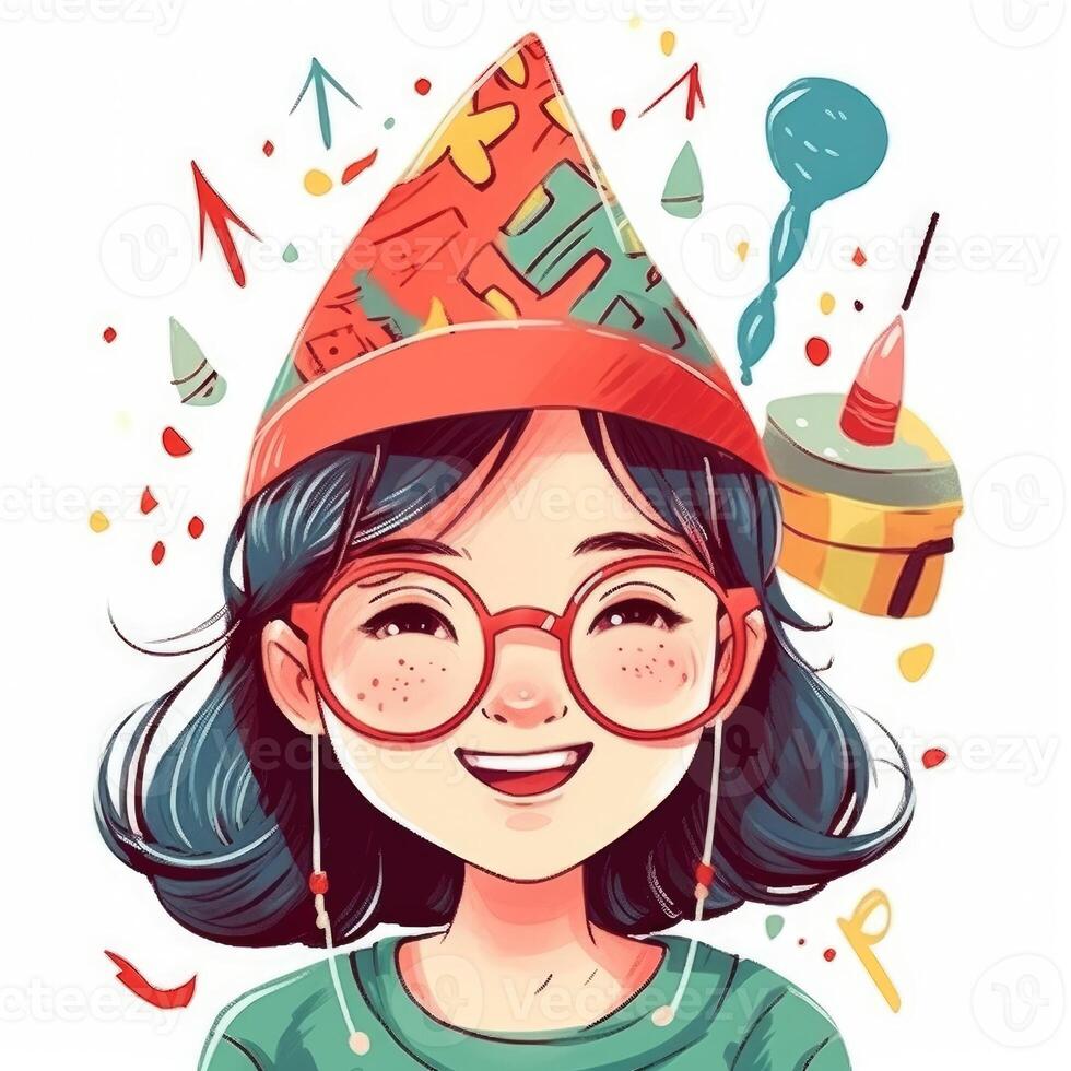 A child with glasses and a hat is celebrating her birthday, cartoon illustration with photo