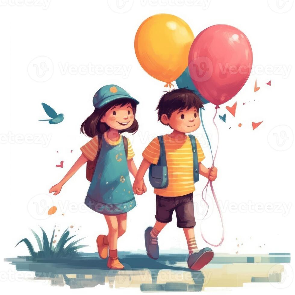 Two children holding balloons walking, cartoon illustration with photo