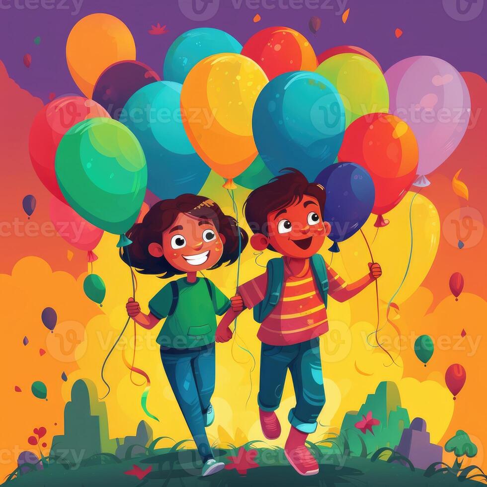 Two children holding balloons walking, cartoon illustration with photo