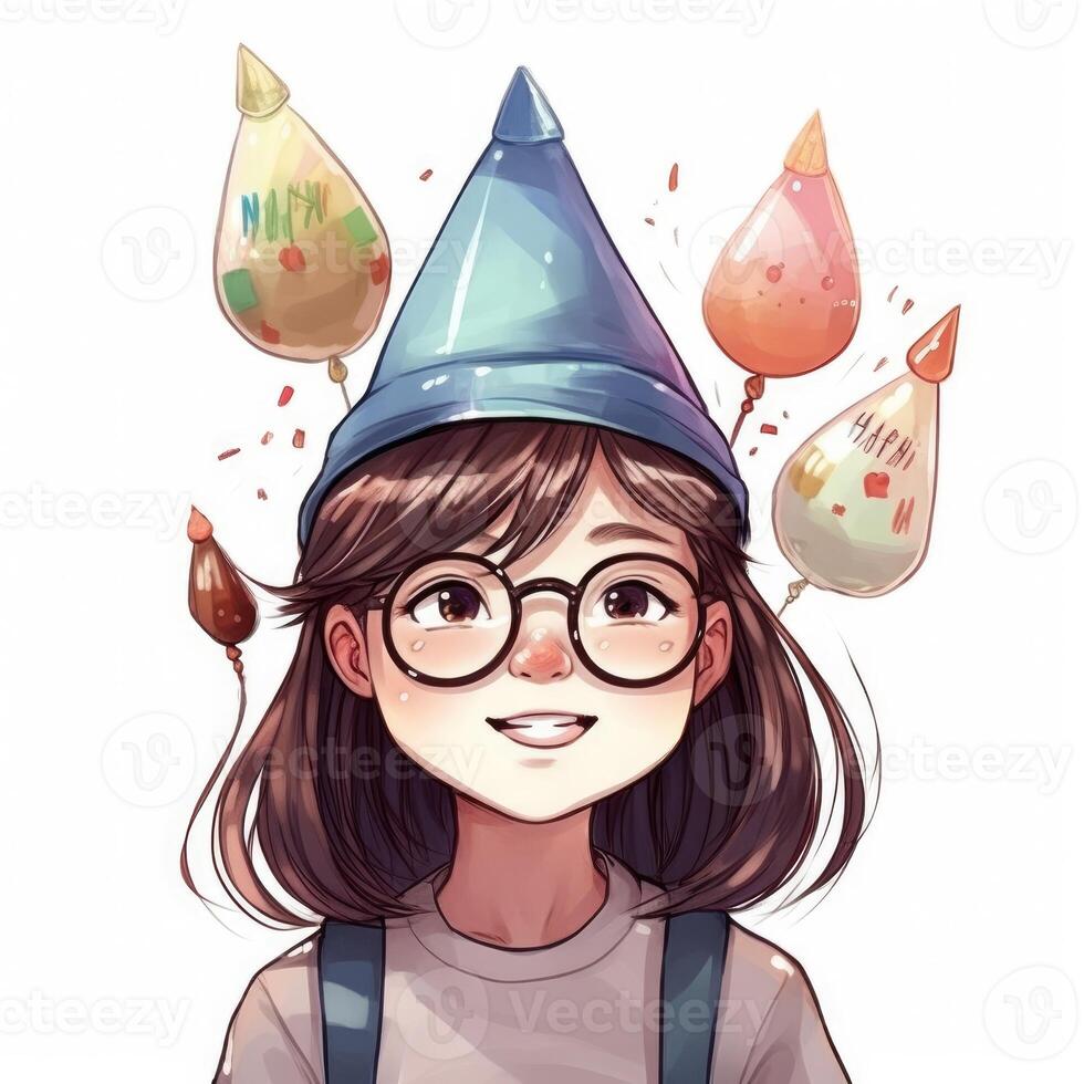 A child with glasses and a hat is celebrating her birthday, cartoon illustration with photo