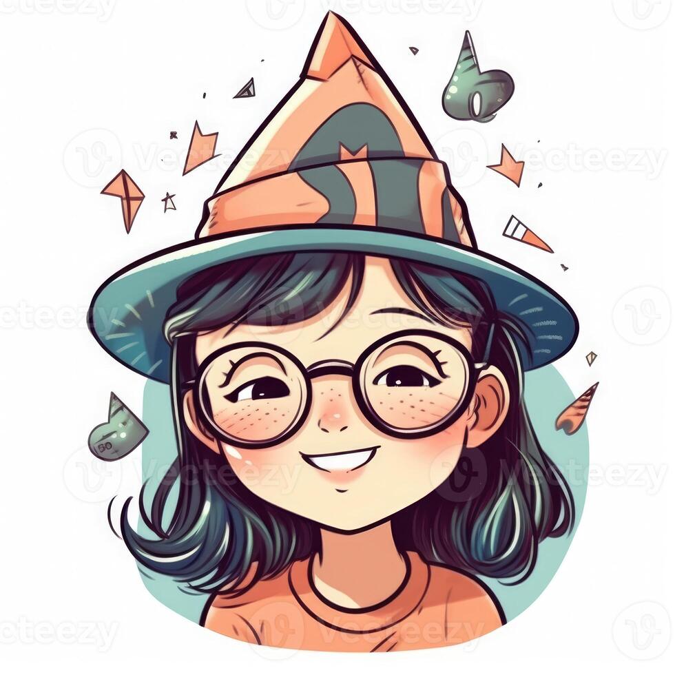 A child with glasses and a hat is celebrating her birthday, cartoon illustration with photo