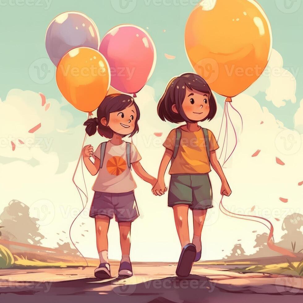 dos niños participación globos caminando, dibujos animados ilustración con generativo ai foto