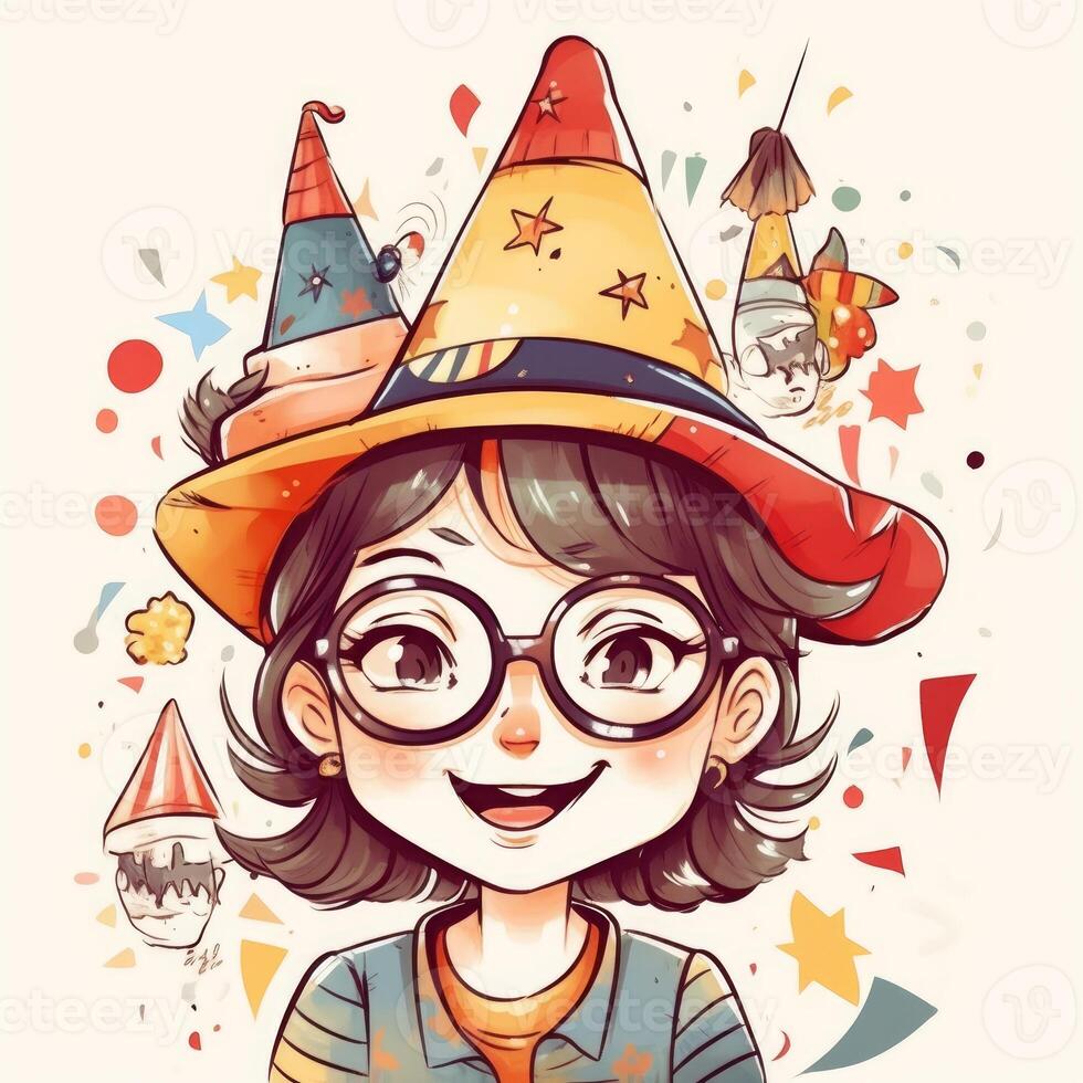 A child with glasses and a hat is celebrating her birthday, cartoon illustration with photo