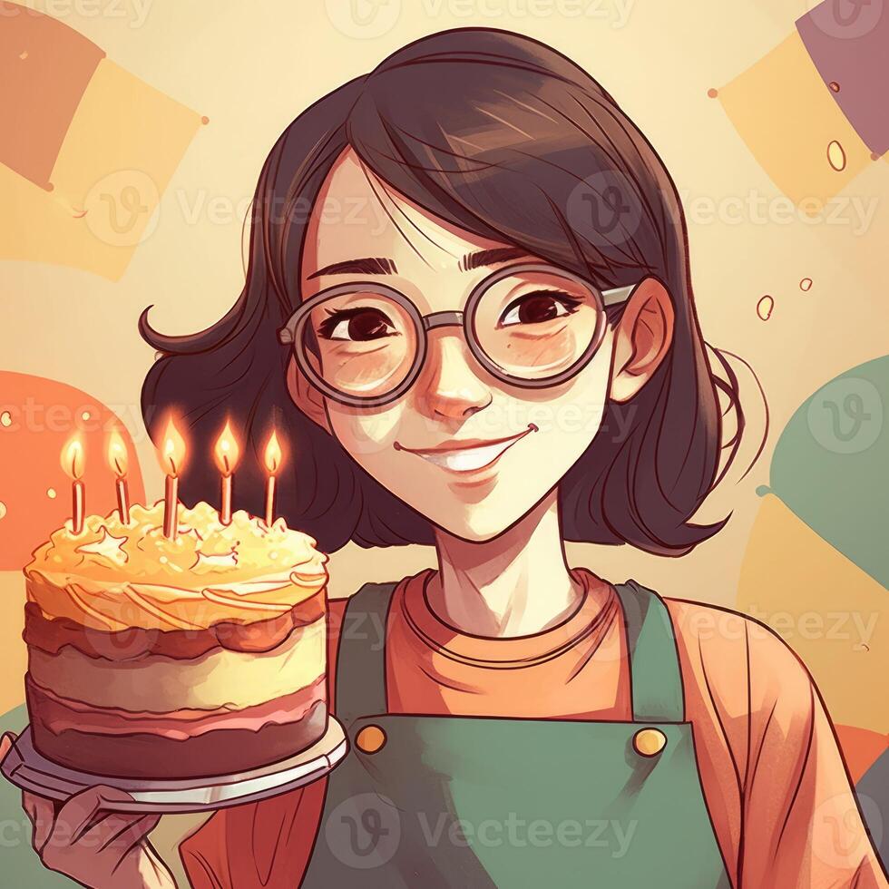 un niña es participación un pastel mientras celebrando un cumpleaños, dibujos animados ilustración con generativo ai foto