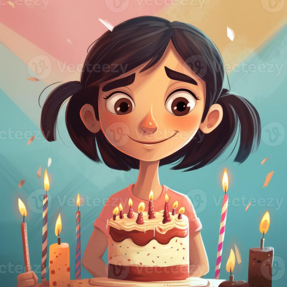 A girl is holding a cake while celebrating a birthday, cartoon illustration with photo