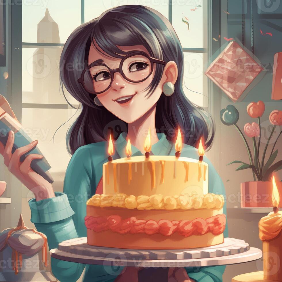 A girl is holding a cake while celebrating a birthday, cartoon illustration with photo