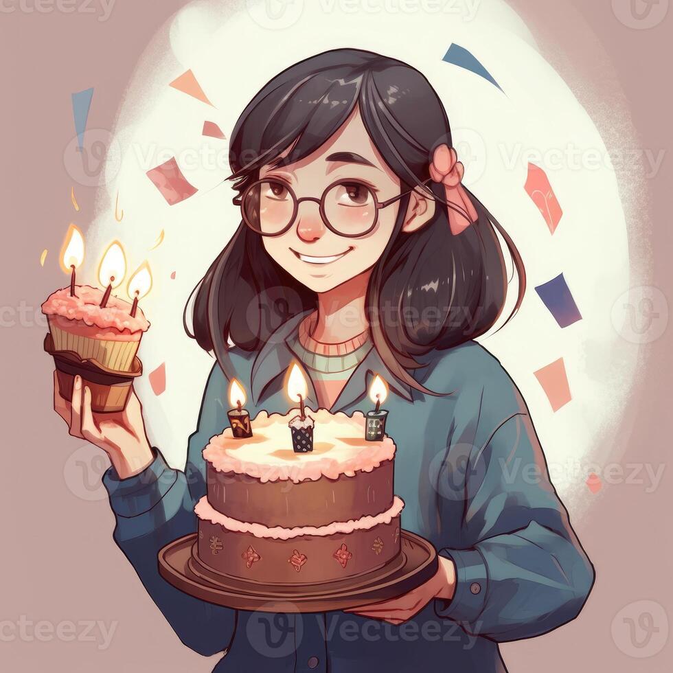 A girl is holding a cake while celebrating a birthday, cartoon illustration with photo