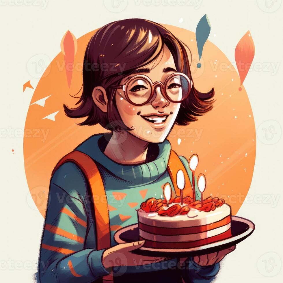 un niña es participación un pastel mientras celebrando un cumpleaños, dibujos animados ilustración con generativo ai foto