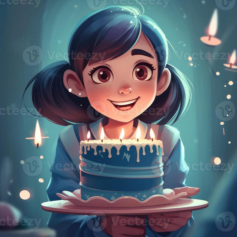 A girl is holding a cake while celebrating a birthday, cartoon illustration with photo